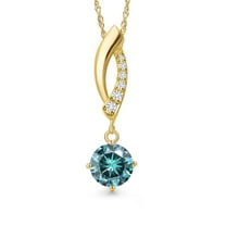 Gem Stone King 14K Yellow Gold Blue Moissanite and Lab Grown Diamond Pendant Necklace for Women | 1.03 Cttw | Gemstone Birthstone | Round 6.5MM | With 18 inch Chain