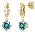thumbnail image 1 of Gem Stone King 14K Yellow Gold Blue Moissanite and Lab Grown Diamond Earrings for Women | 2.05 Cttw | Gemstone Birthstone | Round 6.5MM, 1 of 6