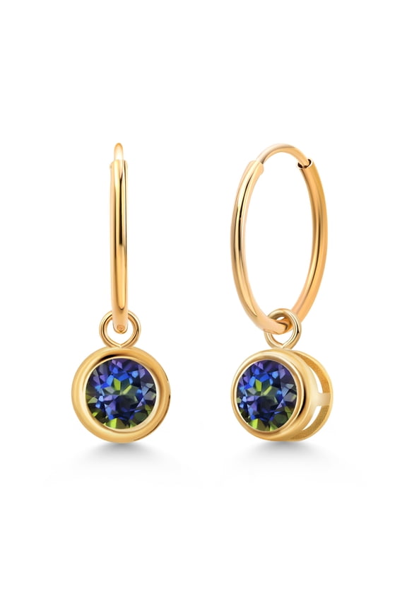14K Yellow Gold Blue Mystic Topaz Dangle Earrings for Women (1.00 Cttw, Gemstone November Birthstone, Round 5MM, Bezel Setting)