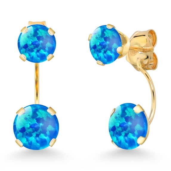 Gem Stone King 14K Yellow Gold Simulated Blue Opal Stud Earrings for Women | 1.14 Cttw | Gemstone October Birthstone | Round Cabochon 6MM