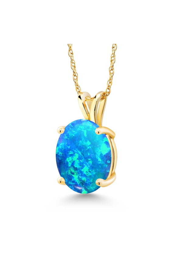 14K Yellow Gold Blue Opal Pendant Necklace for Women (1.17 Cttw, Gemstone October Birthstone, Oval Cabochon 11X9MM, With 18 inch Chain)
