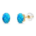 thumbnail image 1 of Gem Stone King 14K Yellow Gold Blue Opal Stud Basket Setting Earrings for Women Men (1.26 Cttw, Gemstone October Birthstone, Oval Cabochon 7X5MM), 1 of 6