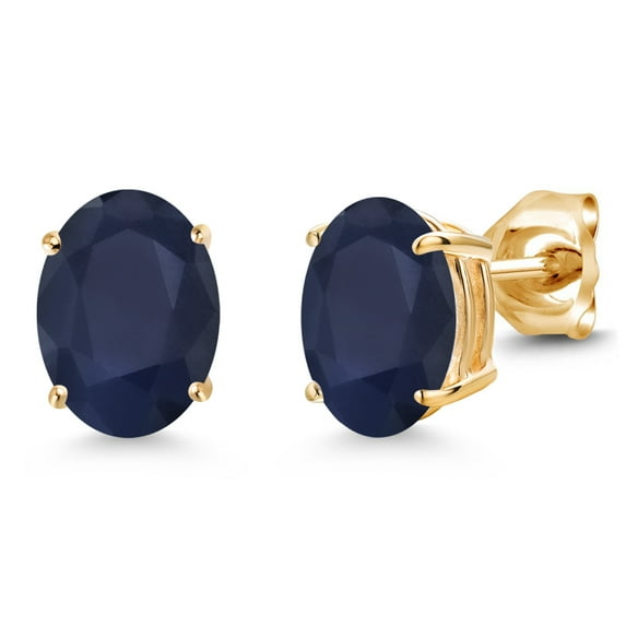 Gem Stone King 14K Yellow Gold Blue Sapphire Double Notch Stud Earrings | 3.60 Cttw | Gemstone September Birthstone | Oval 8X6MM | Gold Earrings for Women Men