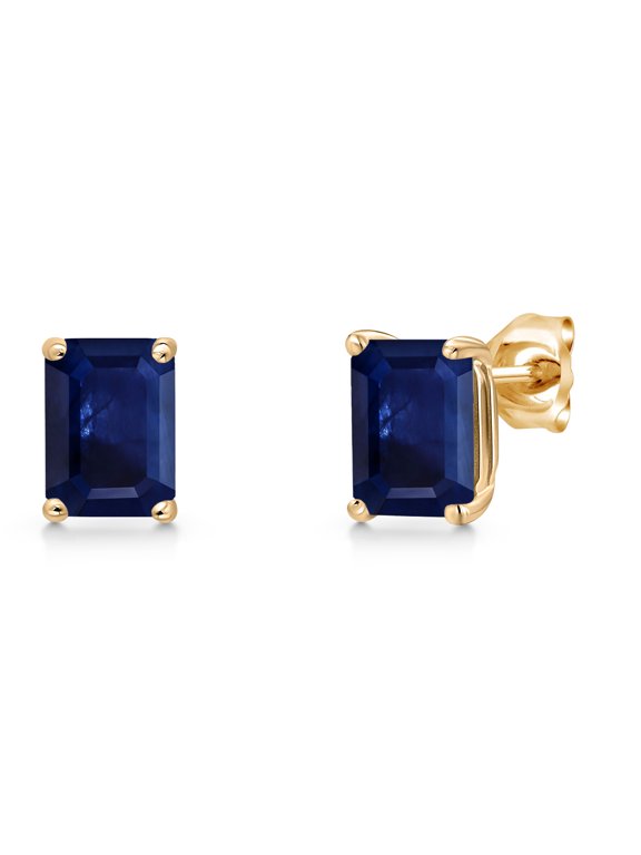 14K Yellow Gold Blue Sapphire Double Notch Stud Earrings for Women Men | 3.12 Cttw | Gemstone September Birthstone | Octagon 7X5MM | Basket Setting | Gold Earrings for Women Men