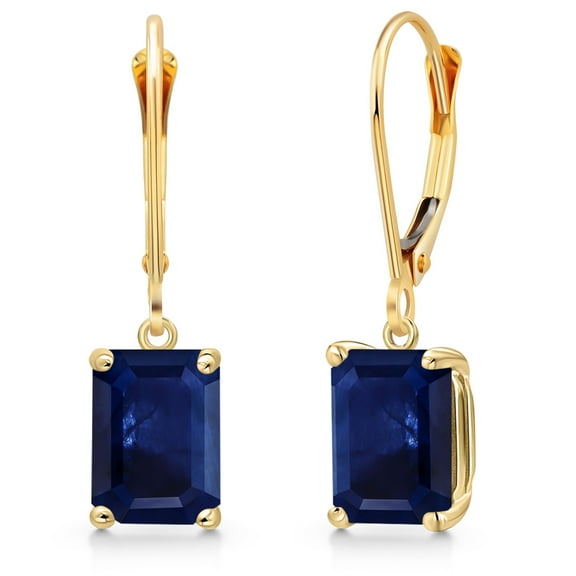 Gem Stone King 14K Yellow Gold Blue Sapphire leverback Earrings for Women | 2.42 Cttw | Gemstone September Birthstone | Emerald Cut 8X6MM