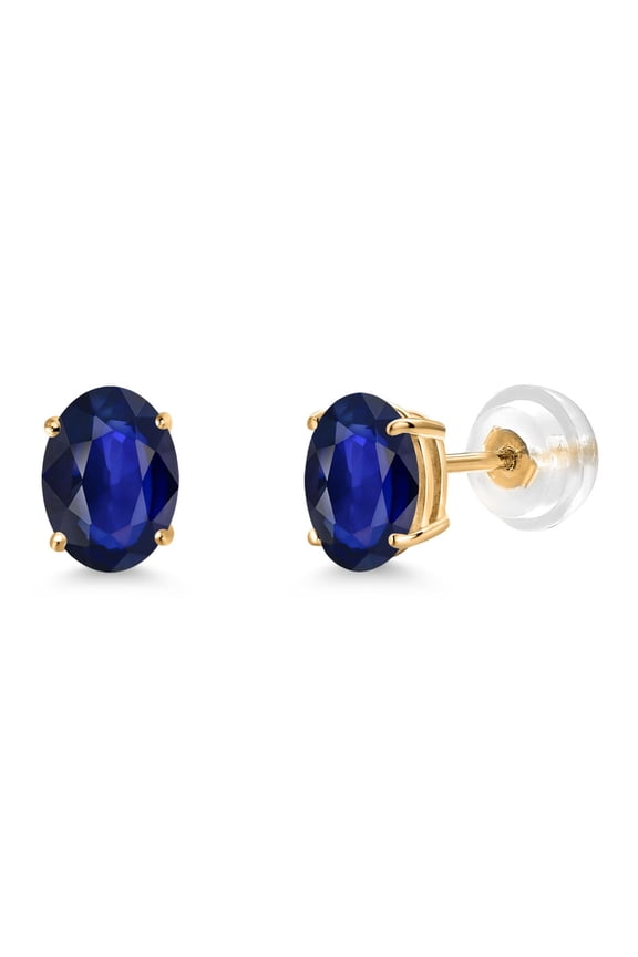 14K Yellow Gold Blue Sapphire Stud Basket Setting Earrings for Women Men (1.14 Cttw, Gemstone September Birthstone, Oval 7X5MM)