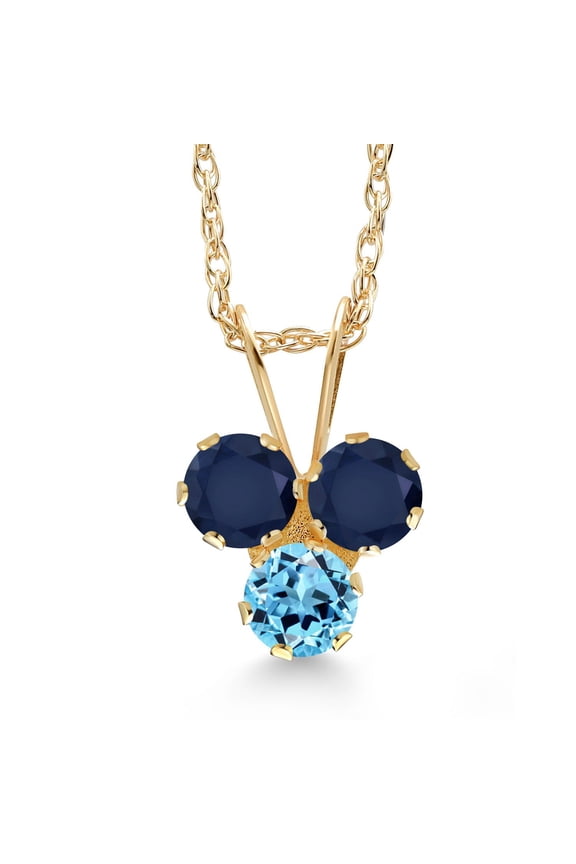 14K Yellow Gold Blue Sapphire and Swiss Blue Topaz 3-Stone Pendant Necklace for Women (0.45 Cttw, Gemstone September Birthstone, Round 3MM, 18 inch Chain)
