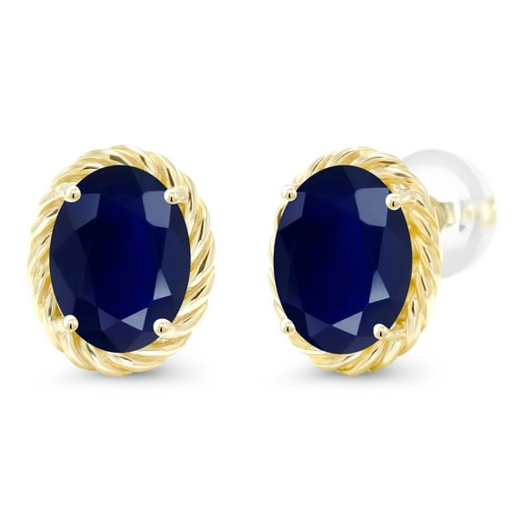 Gem Stone King 14K Yellow Gold Blue Sapphire Twist Stud Earrings for Women Men (3.58 Cttw, Gemstone Birthstone, Oval 8X6MM)
