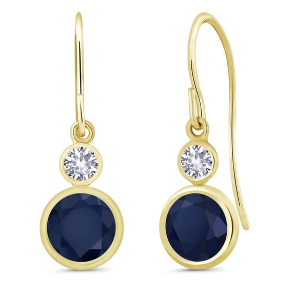 Gem Stone King 14K Yellow Gold Blue Sapphire and White Created Sapphire Drop Dangle Earrings for Women (2.26 Cttw, Gemstone September Birthstone, Round 6MM and 3MM)