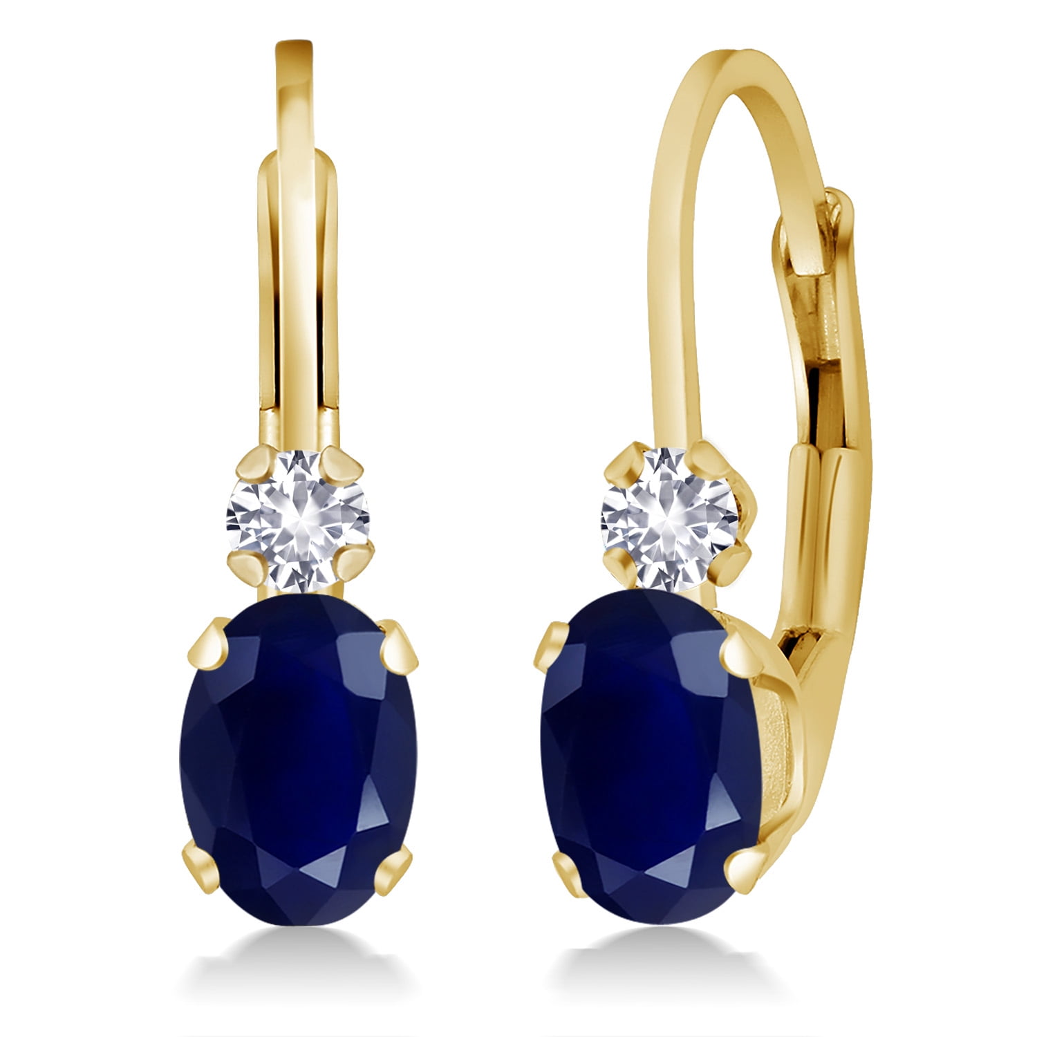 Gem Stone King 14K Yellow Gold Blue Sapphire and White Created Sapphire Leverback Earrings for Women | 1.18 Cttw | Gemstone September Birthstone | Oval 6X4MM, Round 2MM | 3/4 inch