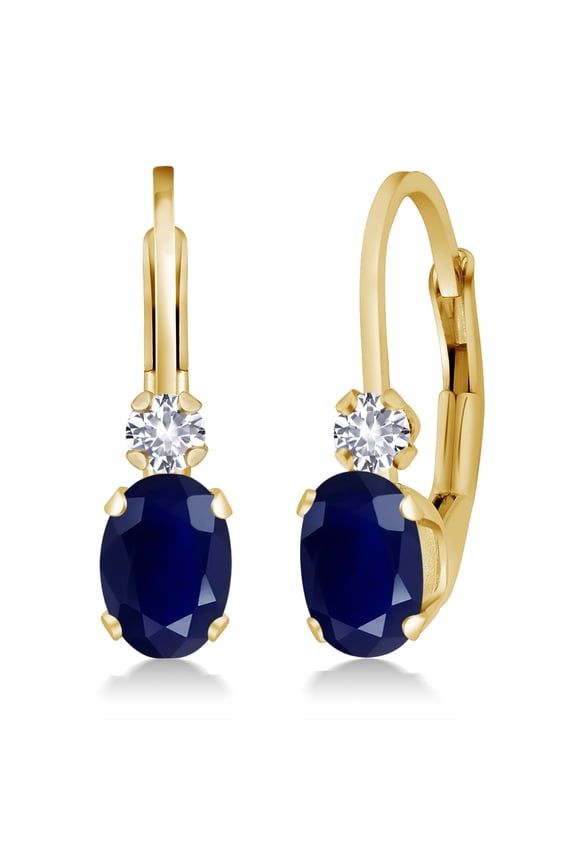 14K Yellow Gold Blue Sapphire and White Created Sapphire Leverback Earrings for Women | 1.18 Cttw | Gemstone September Birthstone | Oval 6X4MM, Round 2MM | 3/4 inch