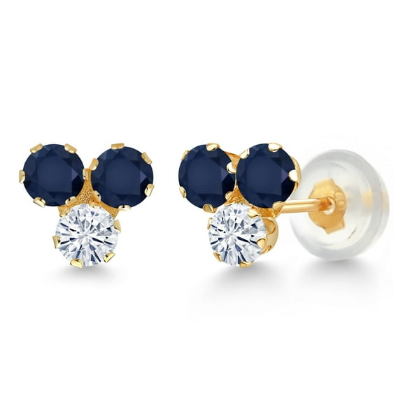 Gem Stone King 14K Yellow Gold Blue Sapphire and White Moissanite Three Stone Stud Earrings for Women (0.80 Cttw, Gemstone September Birthstone, Round 3MM)
