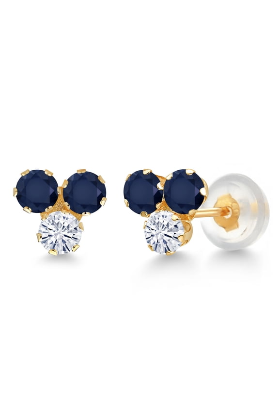 14K Yellow Gold Blue Sapphire and White Moissanite Three Stone Stud Earrings for Women (0.80 Cttw, Gemstone September Birthstone, Round 3MM)