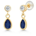 thumbnail image 1 of Gem Stone King 14K Yellow Gold Blue Sapphire and White Topaz Dangle Earrings for Women (1.28 Cttw, Gemstone September Birthstone, Pear Shape 6X4MM, Round 3MM), 1 of 4