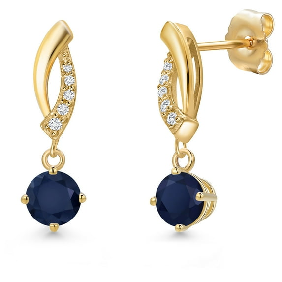 Gem Stone King 14K Yellow Gold Blue Sapphire and Lab Grown Diamond Earrings for Women | 1.25 Cttw | Gemstone September Birthstone | Round 5MM