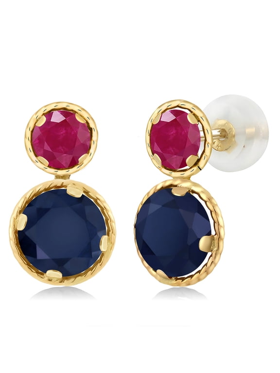 14K Yellow Gold Blue Sapphire and Red Ruby Earrings for Women (2.90 Cttw, Gemstone September Birthstone, Round Cut 6MM and 4MM)