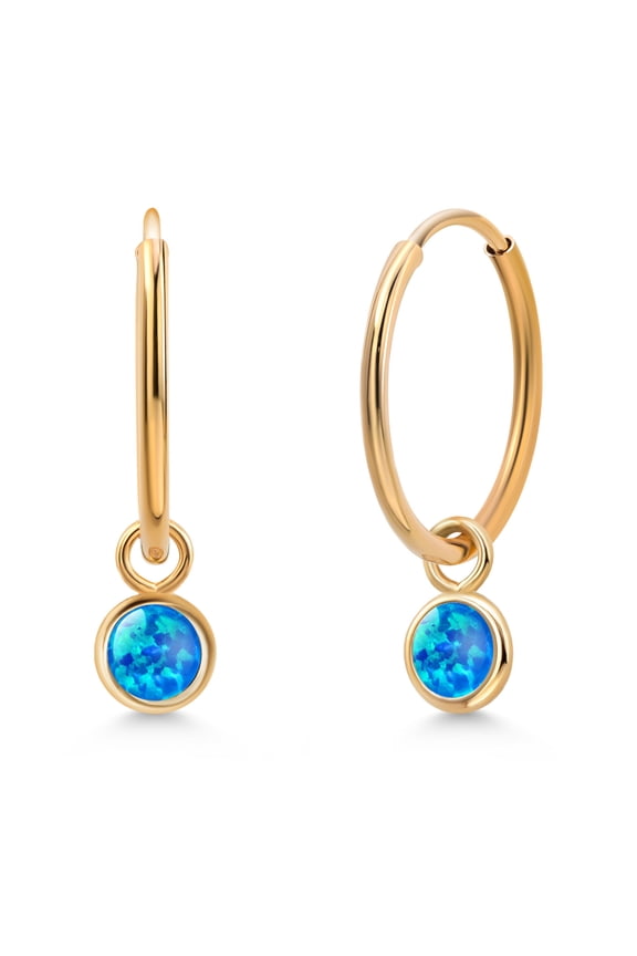 14K Yellow Gold Blue Simulated Opal Dangle Drop Endless Hoop Huggie Earrings for Women (0.50 Cttw, 20MM Length, October Birthstone, Round Cabochon 4MM)
