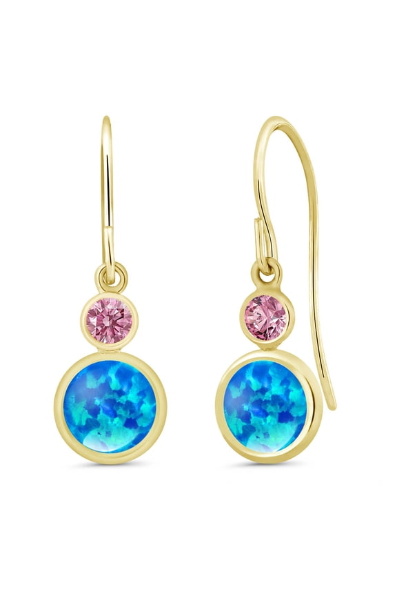 14K Yellow Gold Blue Simulated Opal and Pink Lab Grown Diamond Drop Dangle Earrings for Women (0.86 Cttw, Gemstone October Birthstone, Round Cabochon 6MM and 3MM)