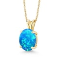 thumbnail image 1 of Gem Stone King 14K Yellow Gold Blue Simulated Opal Solitaire Pendant Necklace for Women | 0.85 Cttw | Gemstone October Birthstone | Oval Cabochon 10X8MM | with 18 inch Silver Chain, 1 of 4