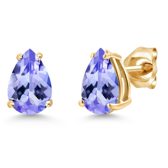 Gem Stone King 14K Yellow Gold Blue Tanzanite Double Notch Stud Earrings | 1.52 Cttw | Gemstone December Birthstone | Pear Shape 8X6MM | Gold Earrings for Women Men