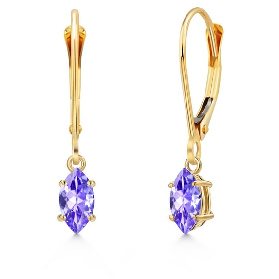 Gem Stone King 14K Yellow Gold Blue Tanzanite Leverback Dangle Earrings for Women | 0.50 Cttw | Gemstone December Birthstone | Marquise 6X3MM