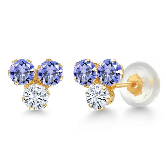 Gem Stone King 14K Yellow Gold Blue Tanzanite and White Moissanite Three Stone Stud Earrings for Women (0.80 Cttw, Gemstone December Birthstone, Round 3MM)