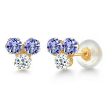 Gem Stone King 14K Yellow Gold Blue Tanzanite and White Topaz Three Stone Stud Earrings for Women (0.88 Cttw, Gemstone December Birthstone, Round 3MM)