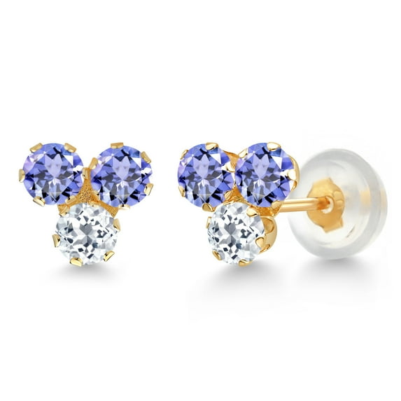 Gem Stone King 14K Yellow Gold Blue Tanzanite and White Topaz Three Stone Stud Earrings for Women (0.88 Cttw, Gemstone December Birthstone, Round 3MM)