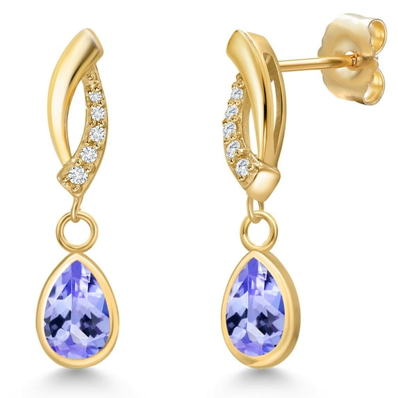 Gem Stone King 14K Yellow Gold Blue Tanzanite and Lab Grown Diamond Earrings for Women | 1.37 Cttw | Gemstone December Birthstone | Pear Shape 7X5MM