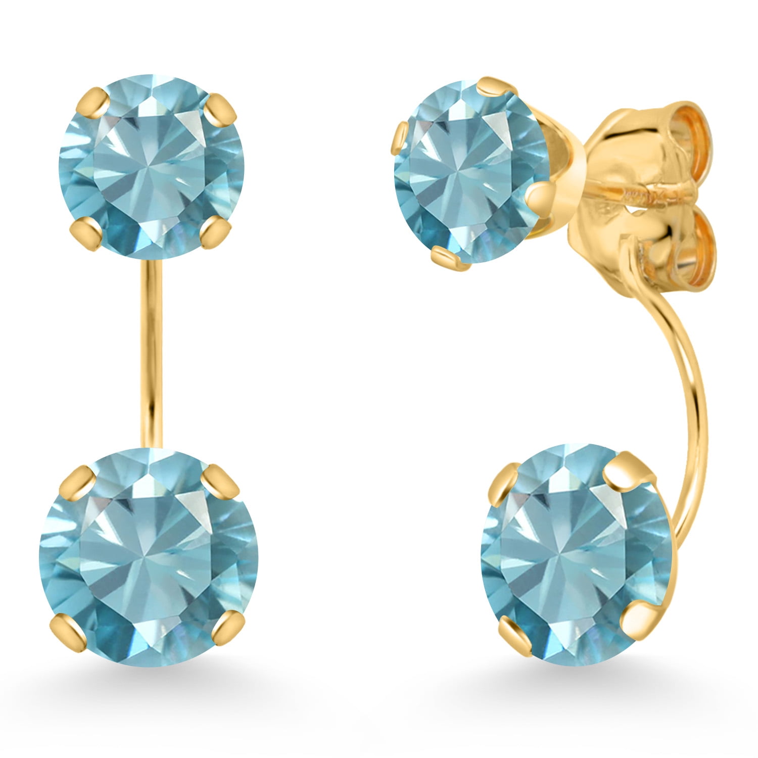 Gem Stone King 14K Yellow Gold Blue Zircon Stud Earrings for Women | 4.10 Cttw | Gemstone Birthstone | Round 6MM
