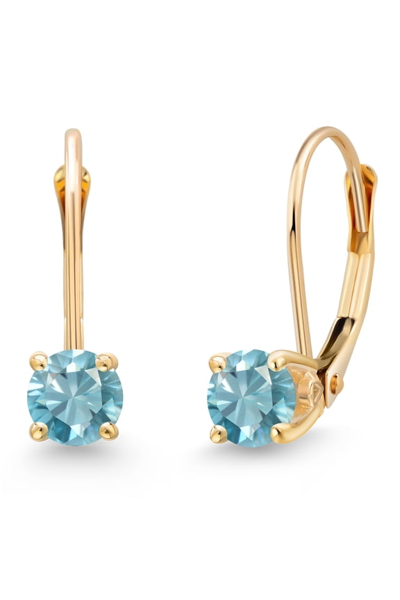 14K Yellow Gold Blue Zircon Earrings for Women | 1.00 Cttw | Gemstone Birthstone | Round 4MM