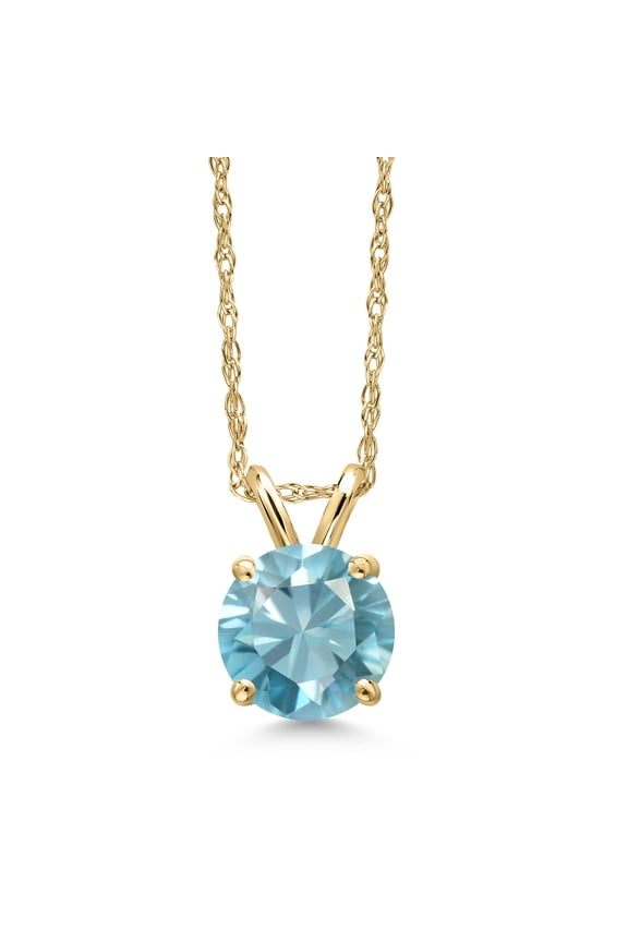 14K Yellow Gold Blue Zircon Pendant Necklace for Women | 1.20 Cttw | Gemstone Birthstone | Round 6MM | With 18 inch Chain
