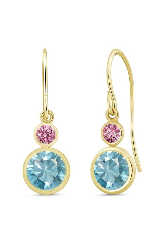 14K Yellow Gold Blue Zircon and Pink Lab Grown Diamond Drop Dangle Earrings for Women (2.66 Cttw, Gemstone Birthstone, Round 6MM and 3MM)