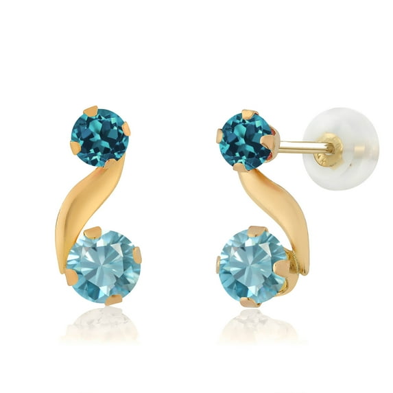 Gem Stone King 14K Yellow Gold Blue Zircon and London Blue Topaz Earrings for Women (1.26 Cttw, Gemstone Birthstone, Round 4MM and 3MM)