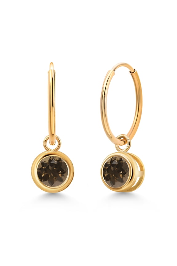 14K Yellow Gold Brown Smoky Quartz Dangle Earrings for Women (1.00 Cttw, Gemstone Birthstone, Round 5MM, Bezel Setting)