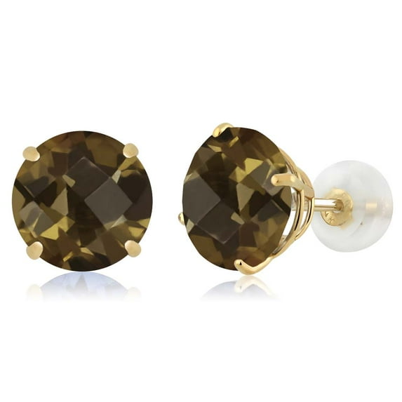 Gem Stone King 14K Yellow Gold Brown Smoky Quartz Earrings for Women Men (3.60 Cttw, Round Checkerboard 8MM)