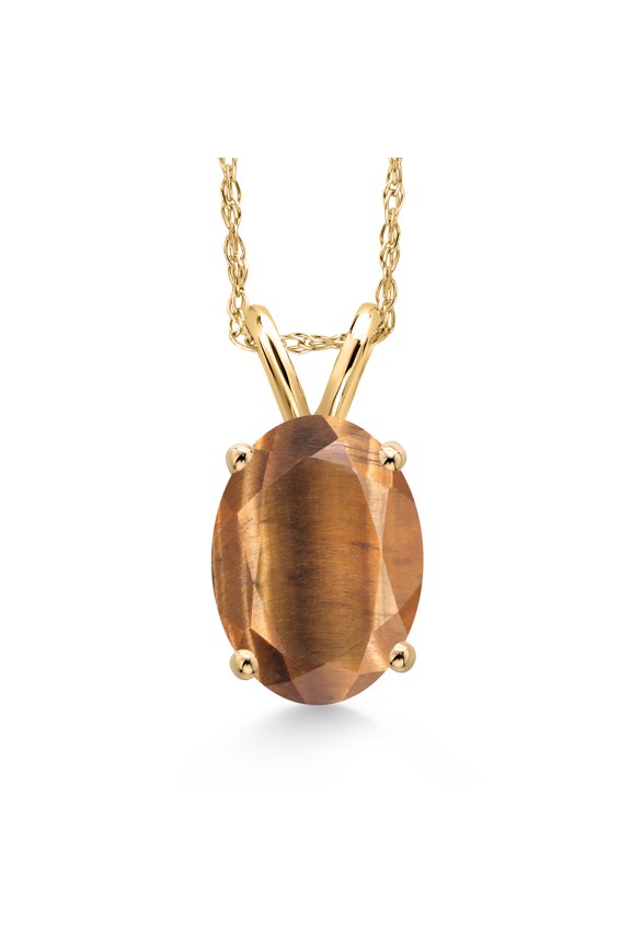 14K Yellow Gold Brown Tiger Eye Pendant Necklace for Women | 1.50 Cttw | Gemstone Birthstone | Oval 9X7MM | With 18 inch Chain