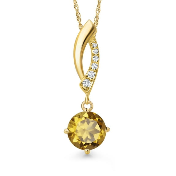 Gem Stone King 14K Yellow Gold Champagne Quartz and Lab Grown Diamond Pendant Necklace for Women | 1.28 Cttw | Gemstone Birthstone | Round 7MM | With 18 inch Chain