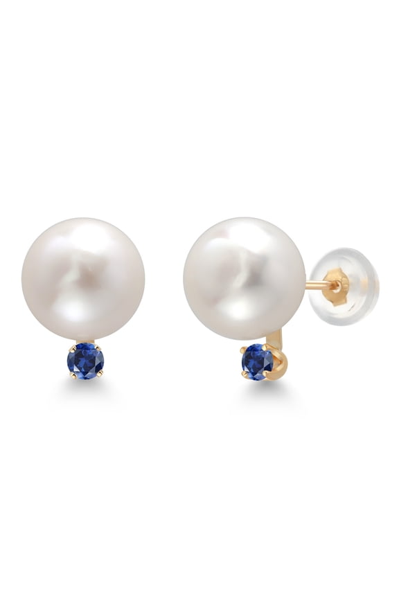 14K Yellow Gold Cultured Freshwater Pearls and Blue Created Sapphire Stud Earrings for Women (Pearl: 6.5MM, Sapphire: 0.10 Cttw, Round 2.5MM)