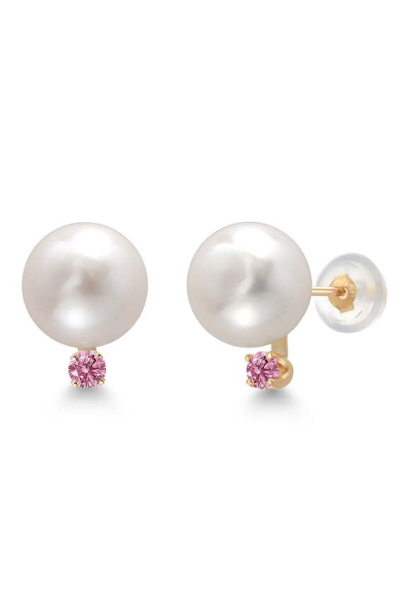 14K Yellow Gold Cultured Freshwater Pearls and Pink Lab Grown Diamond Stud Earrings for Women (Pearl: 6.5MM, Diamond: 0.12 Cttw, Round 2.5MM)