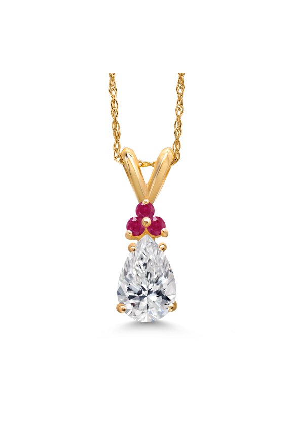 14K Yellow Gold DEF Lab Grown Diamond and Red Ruby Pendant Necklace for Women | 0.82 Cttw | Gemstone April Birthstone | Pear Shape 8X5MM | With 18 inch Chain