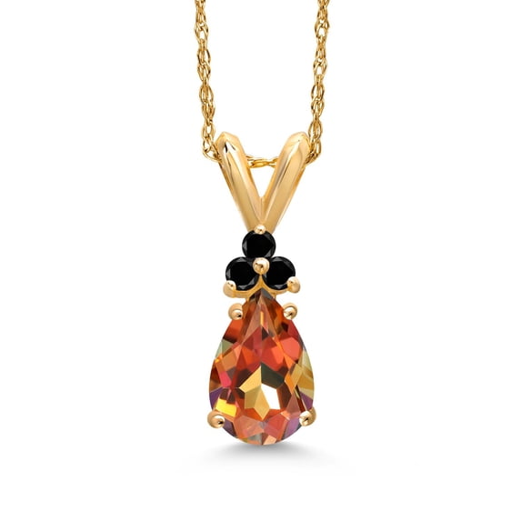 Gem Stone King 14K Yellow Gold Ecstasy Mystic Topaz and Black Diamond Pendant Necklace for Women | 1.10 Cttw | Gemstone November Birthstone | Pear Shape 8X5MM | With 18 inch Chain