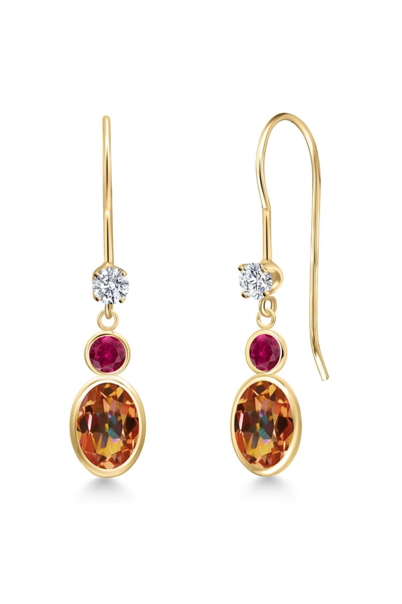 14K Yellow Gold Ecstasy Mystic Topaz and Red Created Ruby and Lab Grown Diamond Dangle Earrings for Women | 2.42 Cttw | Gemstone November Birthstone | Oval 7X5MM