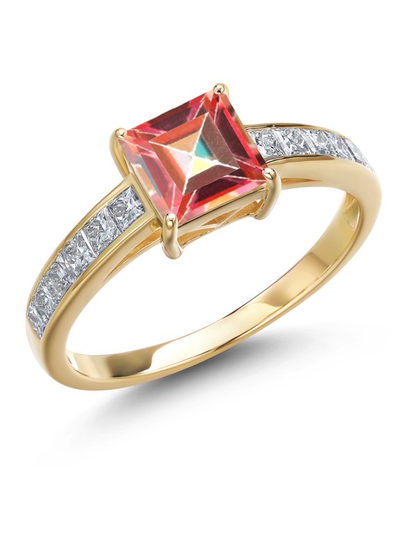14K Yellow Gold Ecstasy Mystic Topaz and White Lab Grown Diamond Engagement Ring for Women | 1.80 Cttw | Princess 6MM | Gemstone November Birthstone | Size 9