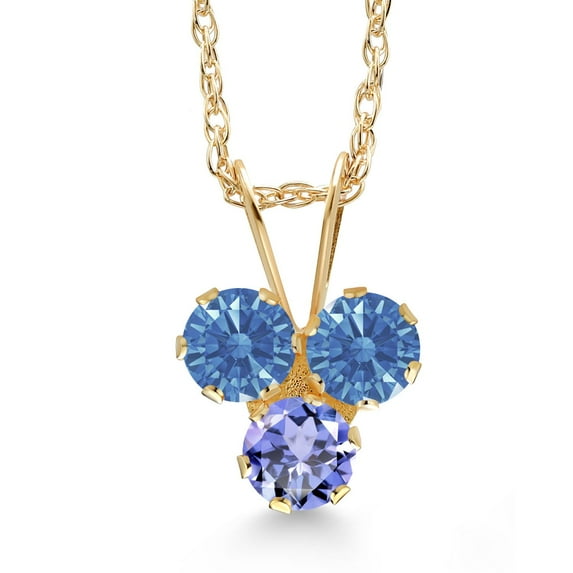 Gem Stone King 14K Yellow Gold Fancy Blue Zirconia and Blue Tanzanite 3-Stone Pendant Necklace for Women (0.37 Cttw, Gemstone, Round 3MM, 18 inch Chain)
