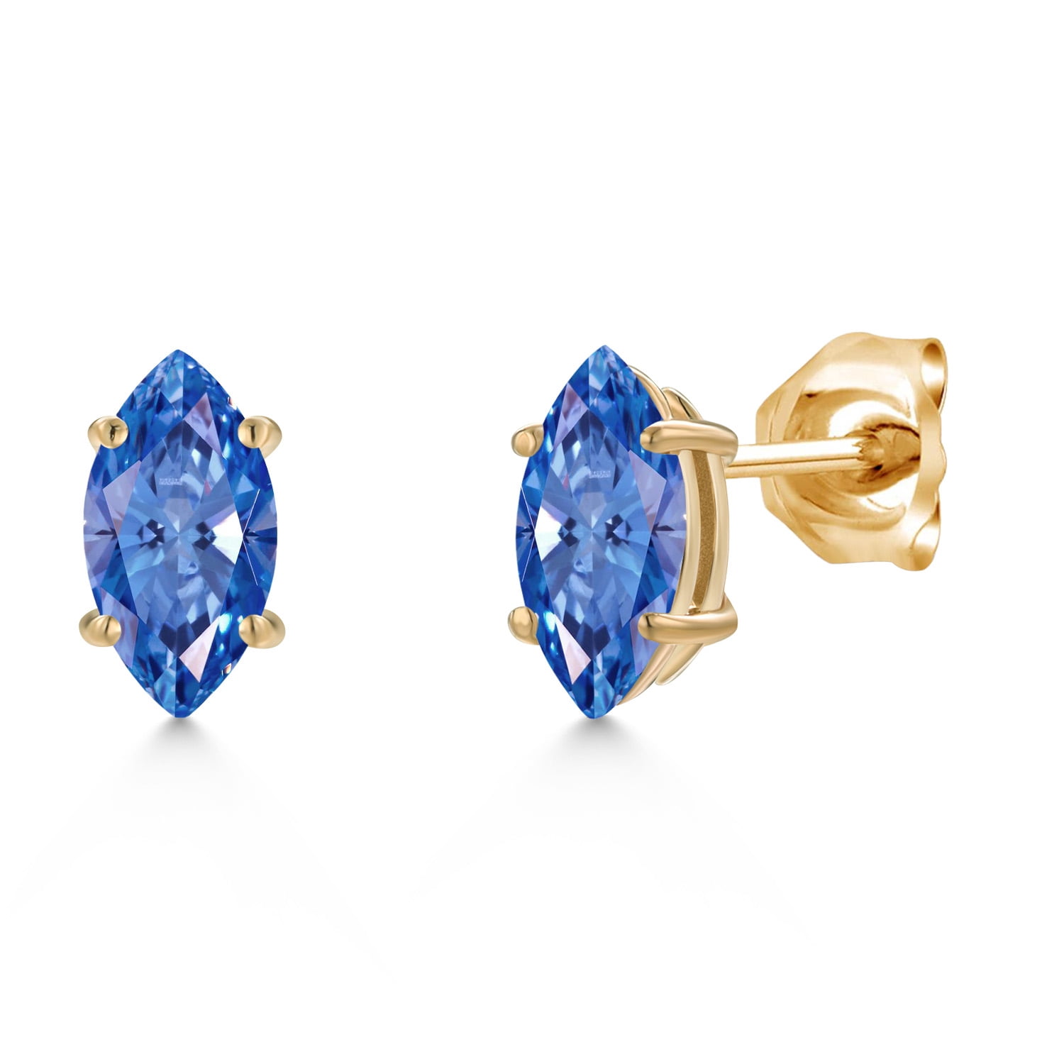 Gem Stone King 14K Yellow Gold Fancy Blue Zirconia Doble Notch Stud Earrings for Women Men | 0.94 Cttw | Gemstone Birthstone | Marquise 8X4MM
