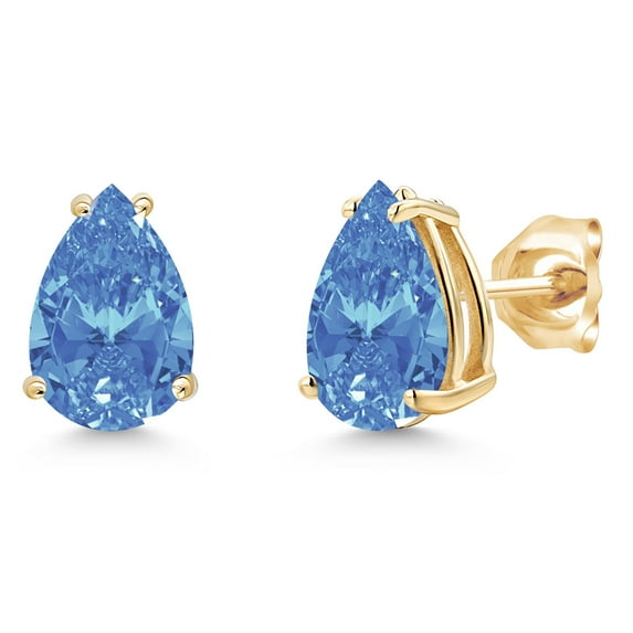 Gem Stone King 14K Yellow Gold Fancy Blue Zirconia Double Notch Stud Earrings | 20.00 Cttw | Gemstone Birthstone | Pear Shape 9X6MM | Gold Earrings for Women Men