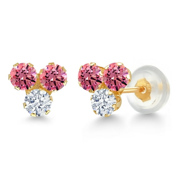 Gem Stone King 14K Yellow Gold Fancy Pink Zirconia and White Zirconia Three Stone Stud Earrings for Women (0.66 Cttw, Gemstone, Round 3MM)