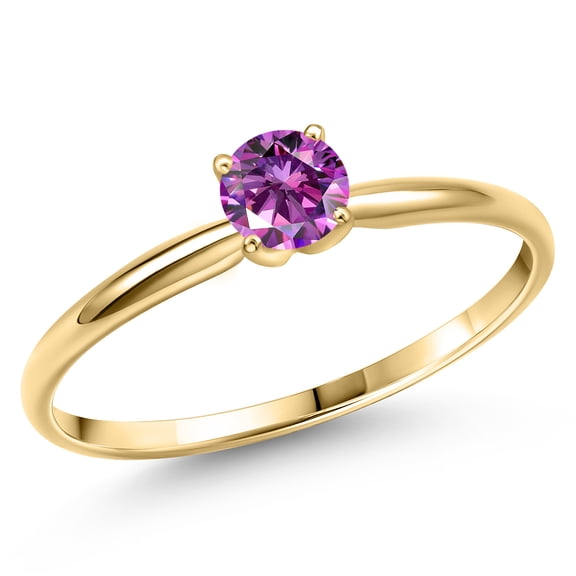 Gem Stone King 14K Yellow Gold Fancy Purple Zirconia Engagement Ring for Women | 0.46 Cttw | Round 5MM | Gemstone Birthstone | Size 5