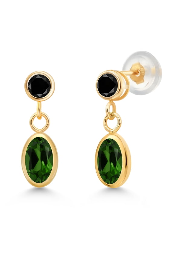 14K Yellow Gold Green Chrome Diopside and Black Diamond Drop Dangle Earrings for Women (1.30 Cttw, Gemstone Birthstone, Oval 6X4MM, Round 3MM)